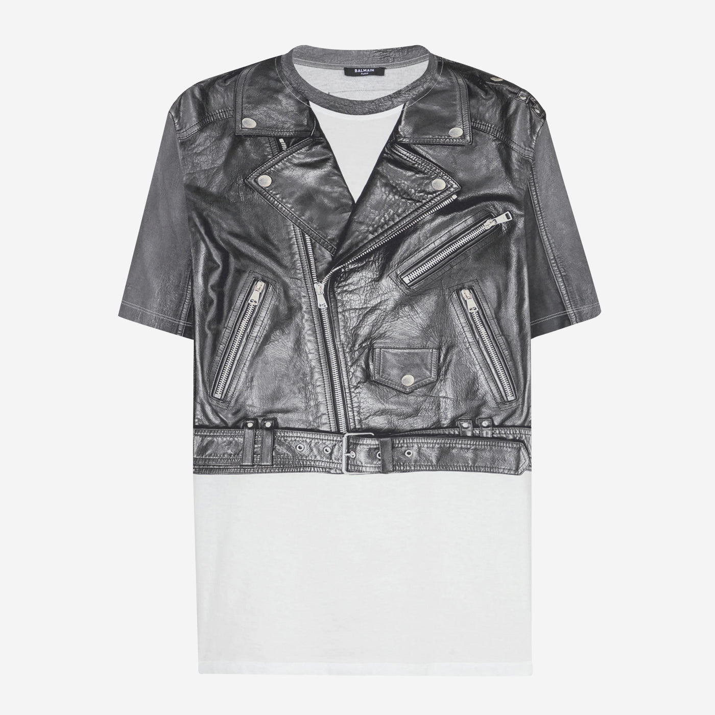 Balmain Leather Trompe Biker Jacket Print T-Shirt