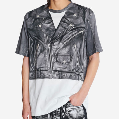 Balmain Leather Trompe Biker Jacket Print T-Shirt