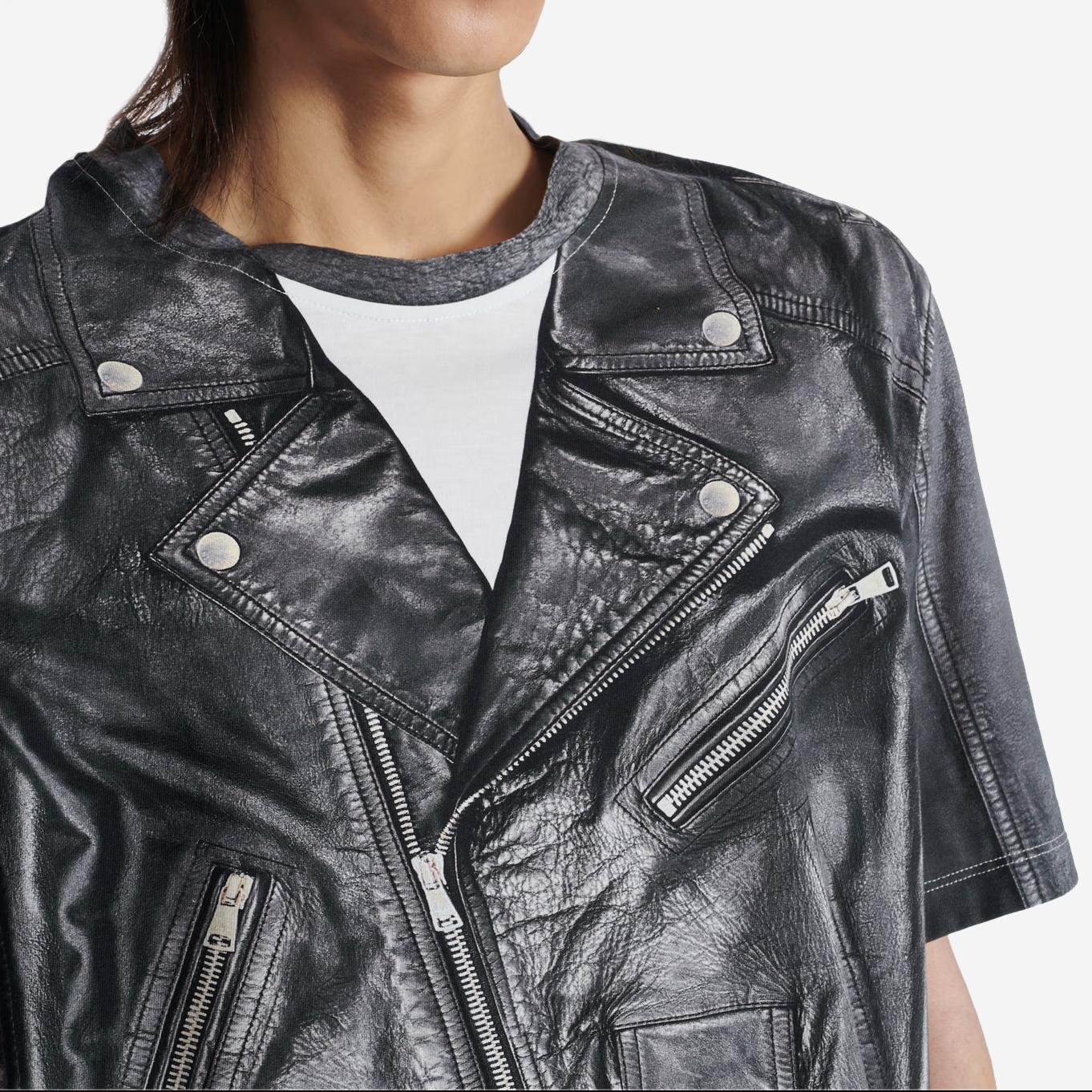 Balmain Leather Trompe Biker Jacket Print T-Shirt