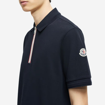 Moncler Tricolour Trim Cotton Piquet Zip Polo Shirt