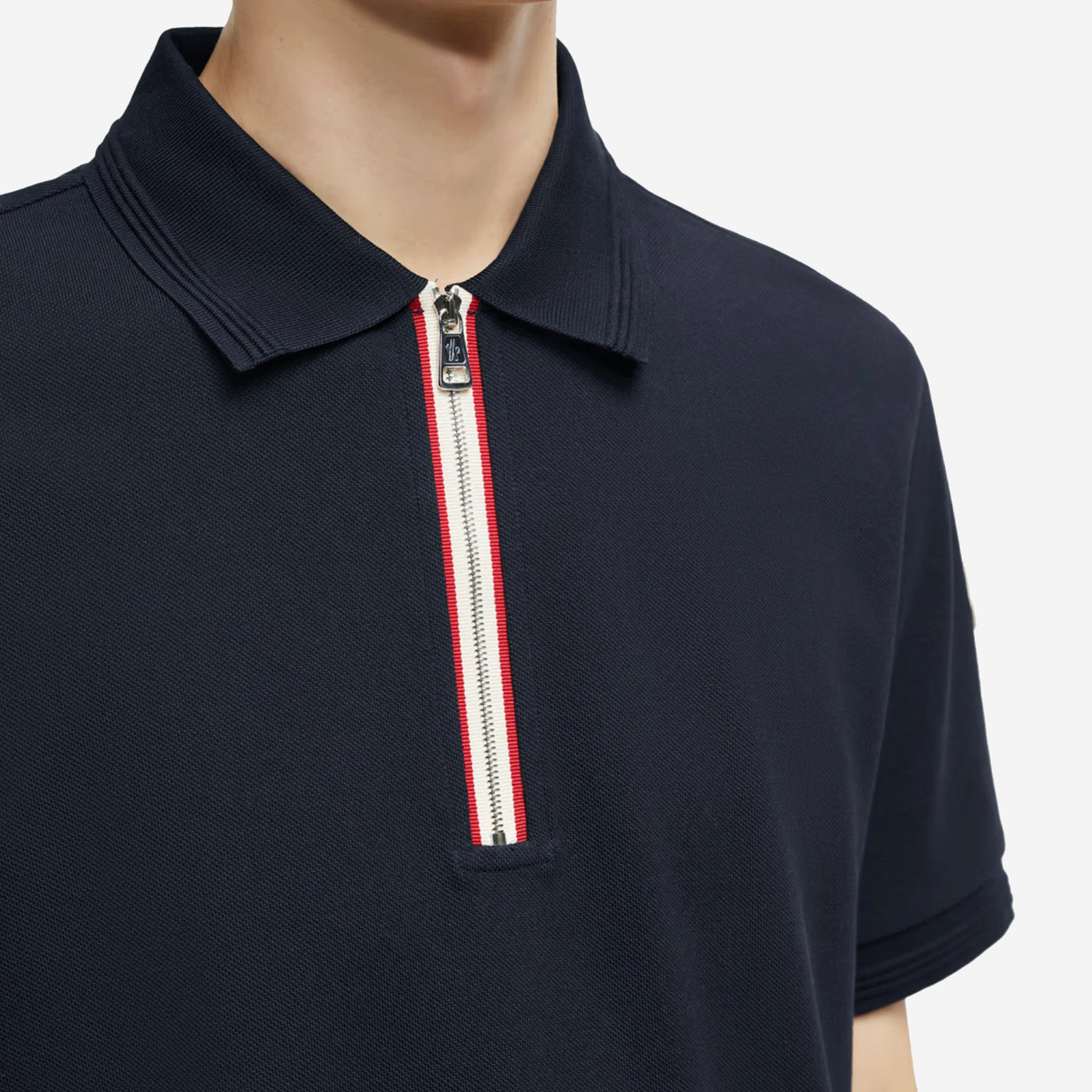 Moncler Tricolour Trim Cotton Piquet Zip Polo Shirt